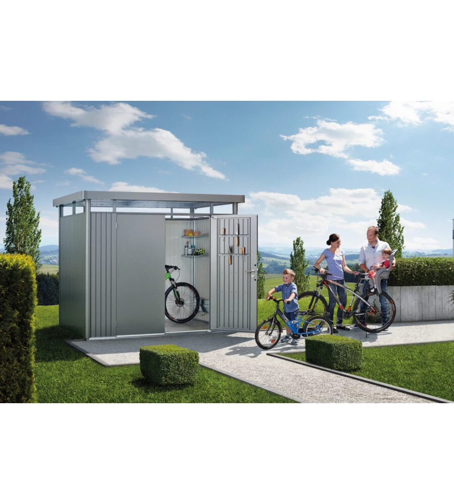 CASETTA DA GIARDINO BIOHORT "HIGHLINE H2" IN ACCIAIO ZINCATO COLORE GRIGIO QUARZO METALLIZZATO CON PORTA BATTENTE DOPPIO 275X195X222 CM - COD. 88039